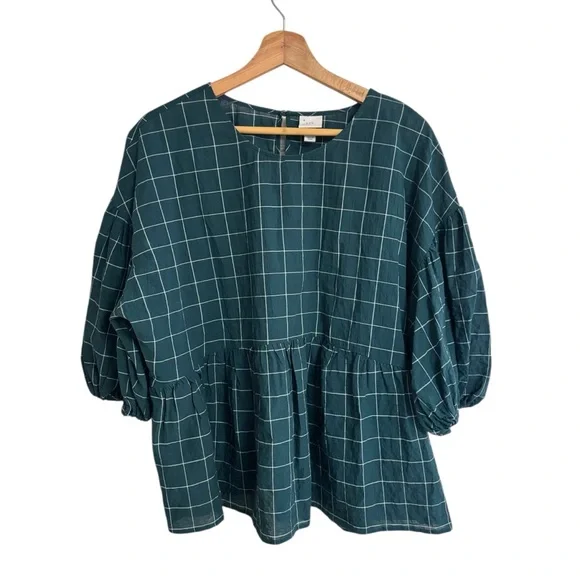 A new day green & white plaid windowpane peplum smock puff sleeve top size XL - Picture 2 of 14